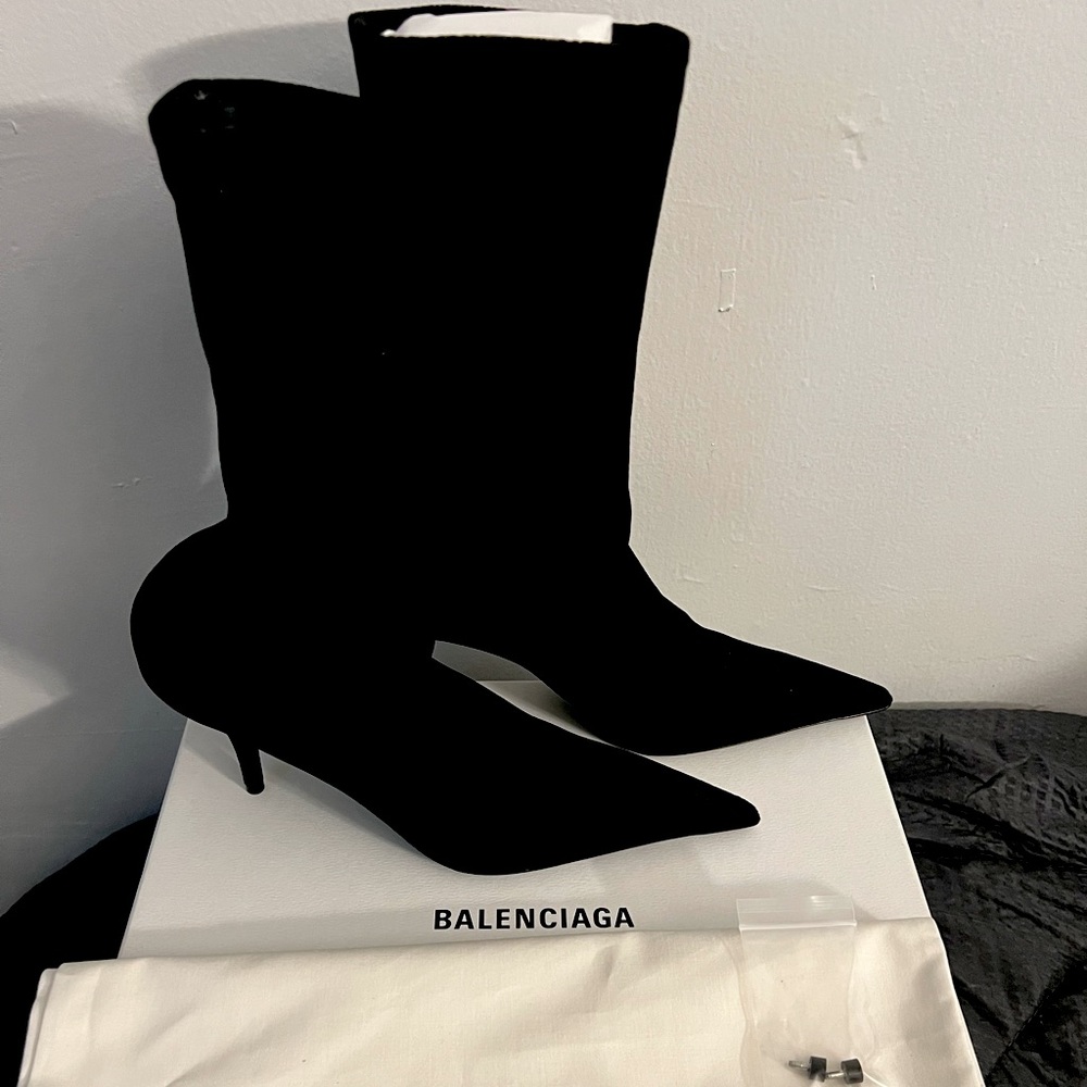 Balenciaga Black Pointed Toe Kitten Heel Ankle Boots